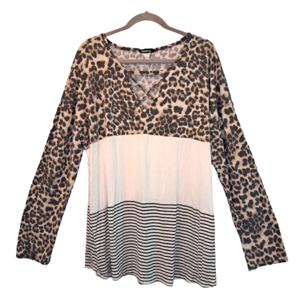 Heimish USA Leopard Colorblock Strappy Neck Long Sleeved Shirt Plus Size 3X